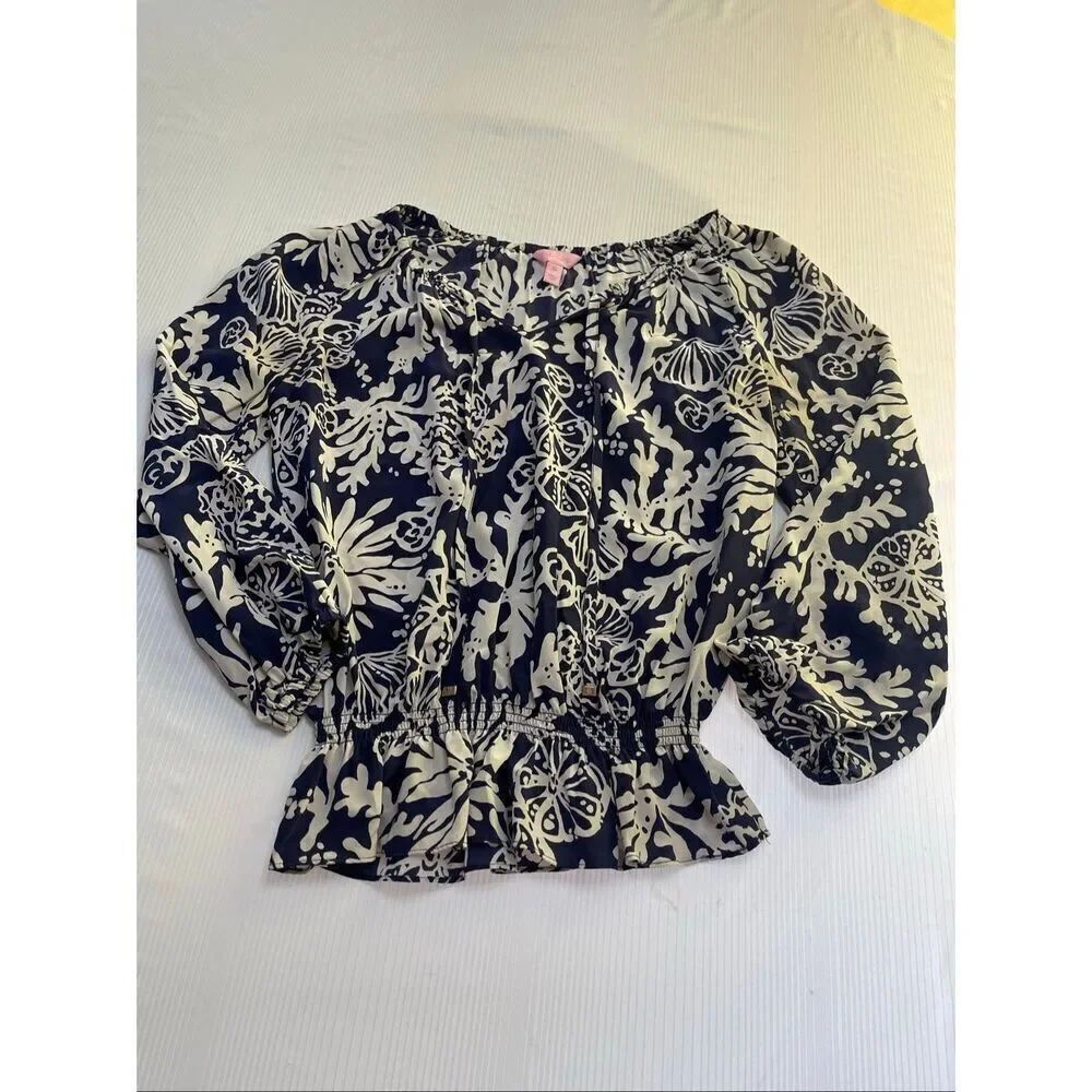 Lilly Pulitzer Silk Tricia Tie Neck Top Blouse Navy in the Groove Size XS